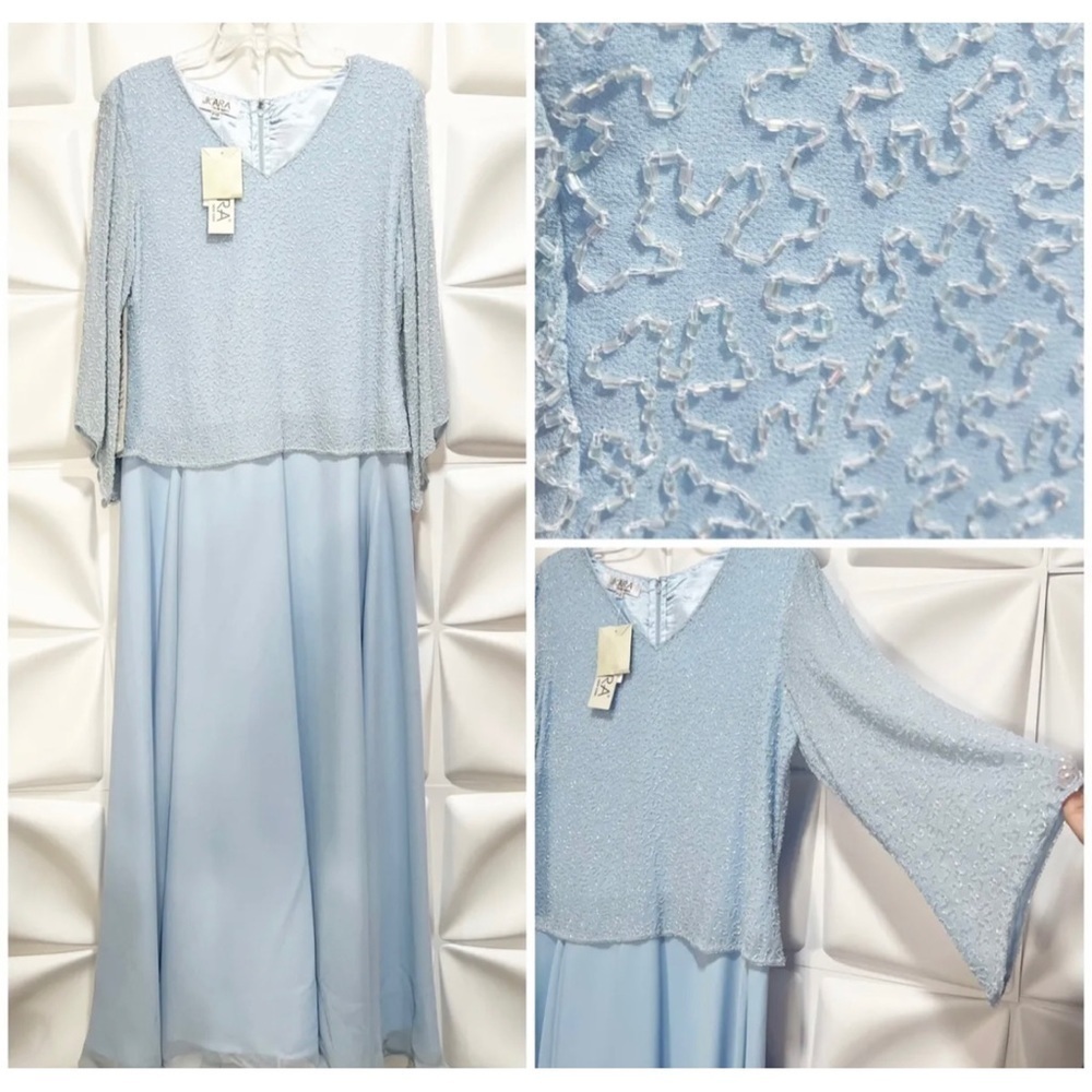 Jkara Sz 10P Ice Blue Long Formal Beaded Gown Dress V Neck NEW
